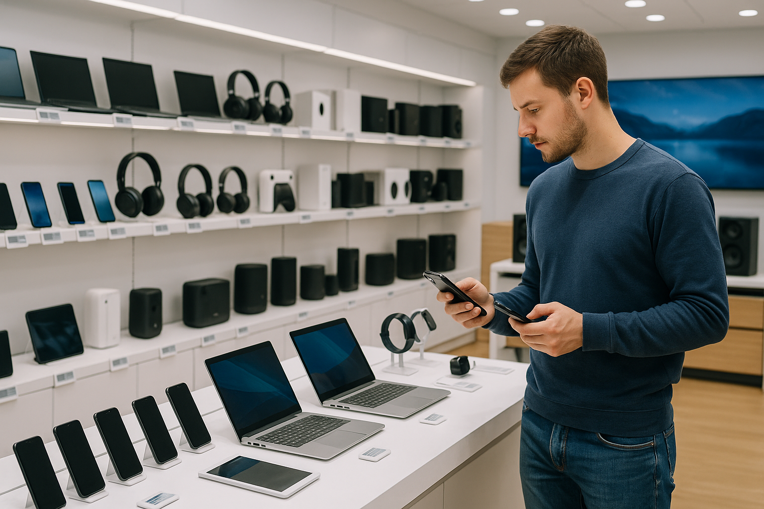 create a image and add all electronics items in image and add real human in image while shopping