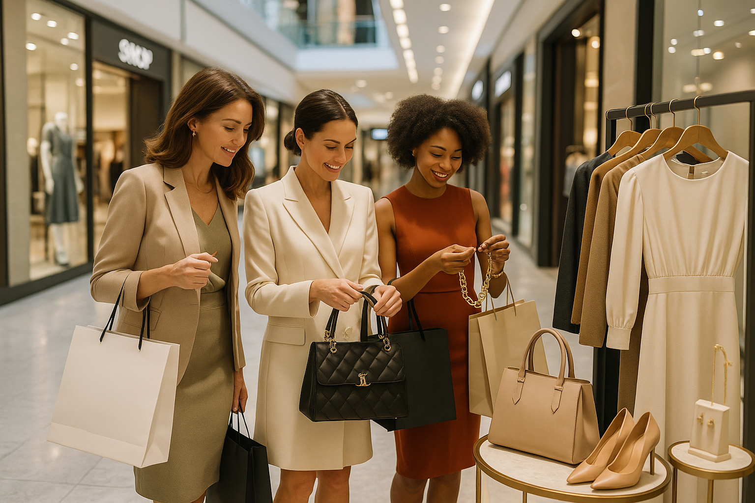 create a real image add women shopping in a mall and add all purchasing stuff of ladies collection in image make it professional and responsive for all devices 